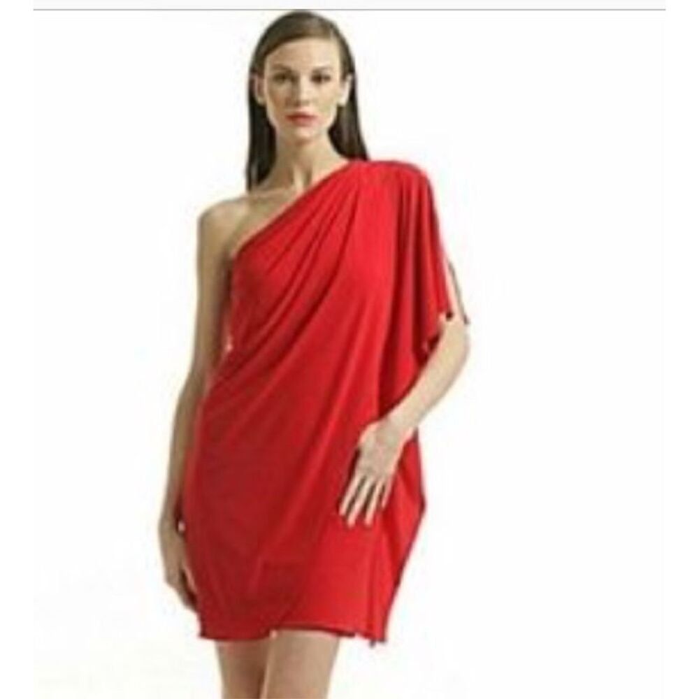 Badgley Mischka red one shoulder dress 14